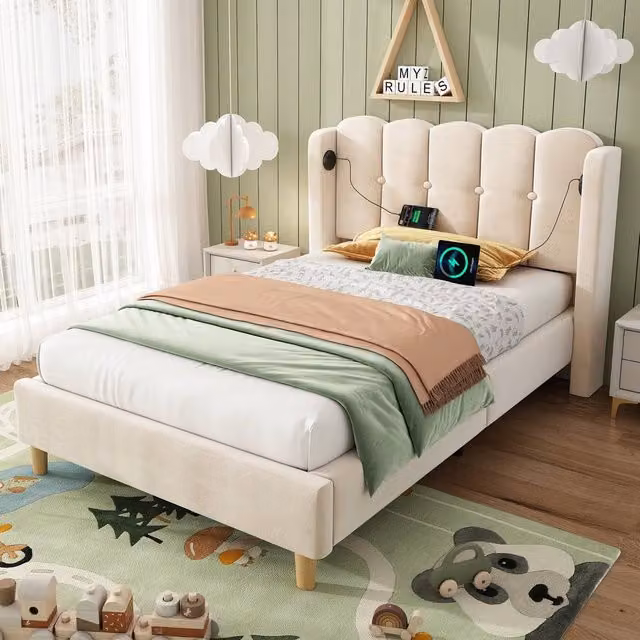 Rolipo Beige Velvet Single Bed Frame with USB Charging Port, W: 90 cm x D: 190 cm