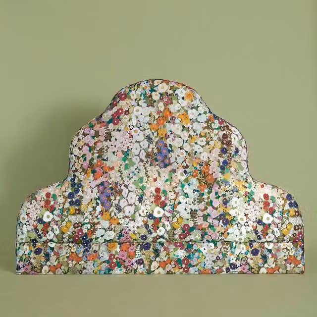 House of Hackney Hollyhocks Scalloped Headboard in Multicolour Floral Cotton Linen Fabric