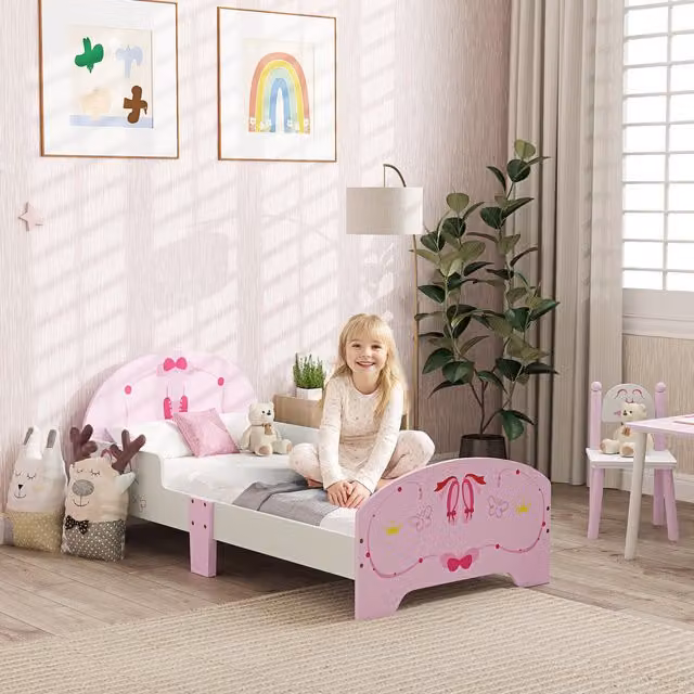 AIYAPLAY Ballet Theme Toddler Bed Frame with Safety Rails in Pink