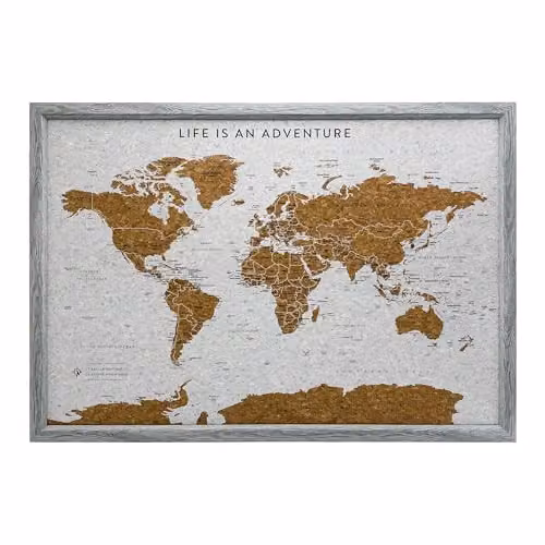 Splosh Grey Framed Travel Map Cork Board with 100 Pins