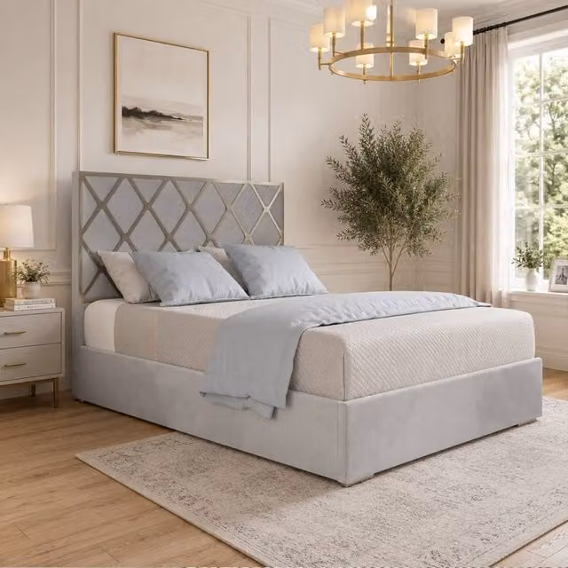 KDMD Wilburton King Size Upholstered Velvet Designer Bed Frame in Grey with Metal Accents