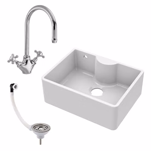 Balterley White Ceramic Butler Sink with Mono Crosshead Mixer Tap and Waste, Single Bowl Apron Front Design in White and Chrome