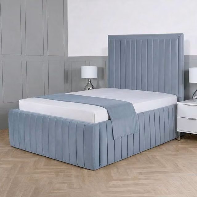 Living Comfort Bedz Saint Germain Plush Upholstered Bed with Slatted Base and 48 Inch Headboard in Light Blue, Double Size