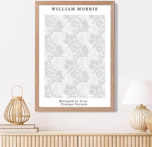ARTZE William Morris Marigold Floral Art Print in Grey with Light Grey Oak Frame, W: 33 cm, H: 47 cm