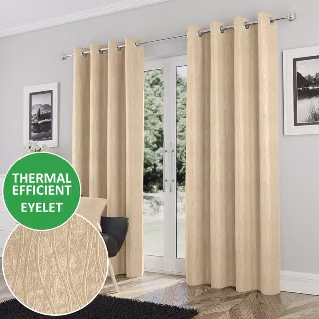 Enhanced Living Pair of Goodwood Eyelet Thermal Room Darkening Curtains in Beige, Width: 229 cm, Height: 229 cm