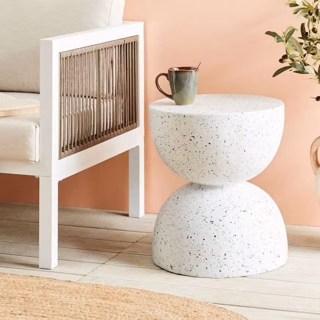 Wyld and Coco White Terrazzo Effect Round Side Table in MgO Fibreglass, Diameter: 40 cm