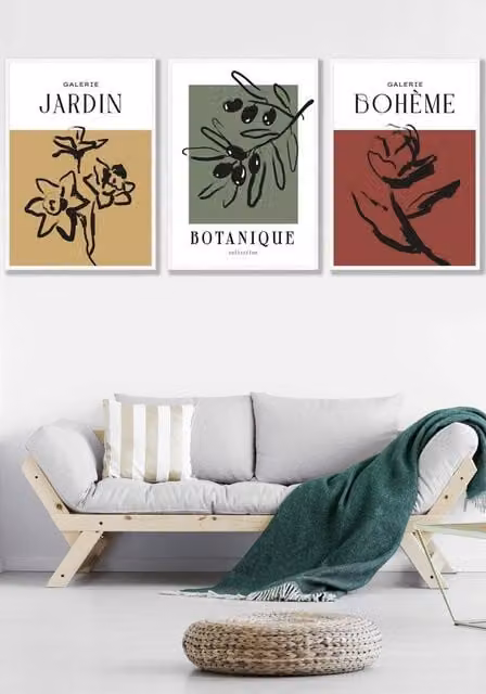 ARTZE Set of 3 Boho Botanical Floral Wall Art Illustrations in White Frames, Yellow, Red and Green, W: 53 cm, H: 73 cm, D: 2 cm