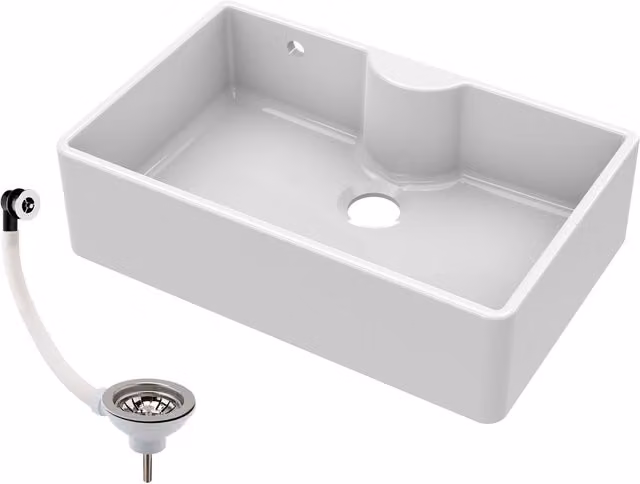 Balterley White Fireclay 1 Bowl Butler Sink with Tap Ledge, Overflow and Waste, W/D/H: 79.5 x 50 x 22 cm