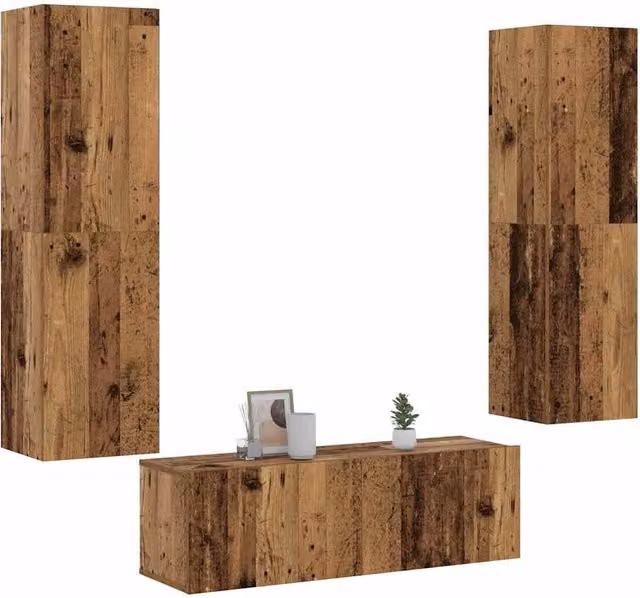Berkfield Home Set of 3 Modern Wall Mounted TV Cabinets in Brown Old Wood Finish