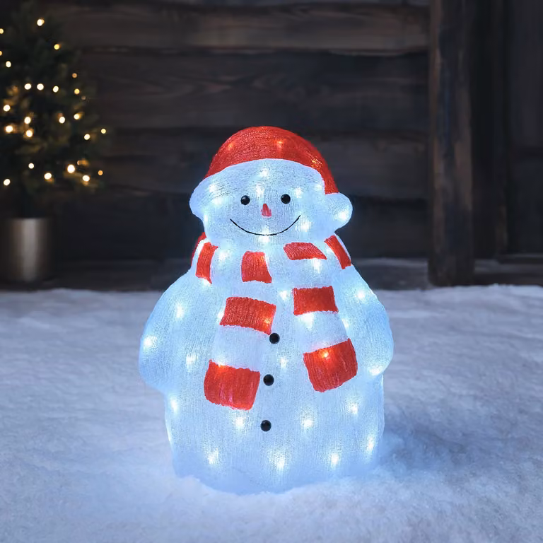 Lights4fun LED 3D Acrylic Snowman Figure with Hat and Scarf, White, Height: 46.5 cm