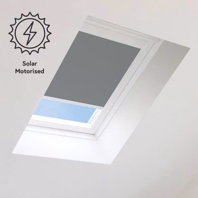 Bloc Blinds Solar Powered Blackout Blind for Velux Roof Windows, Dark Grey and White, Thermal Insulating