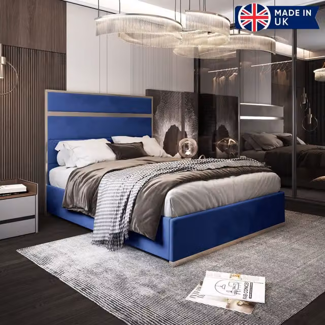 KDMD Comfyzone Upholstered Soft Velvet Metal Designer Bed Frame in Blue, W/D/H: 140 x 200 x 137 cm