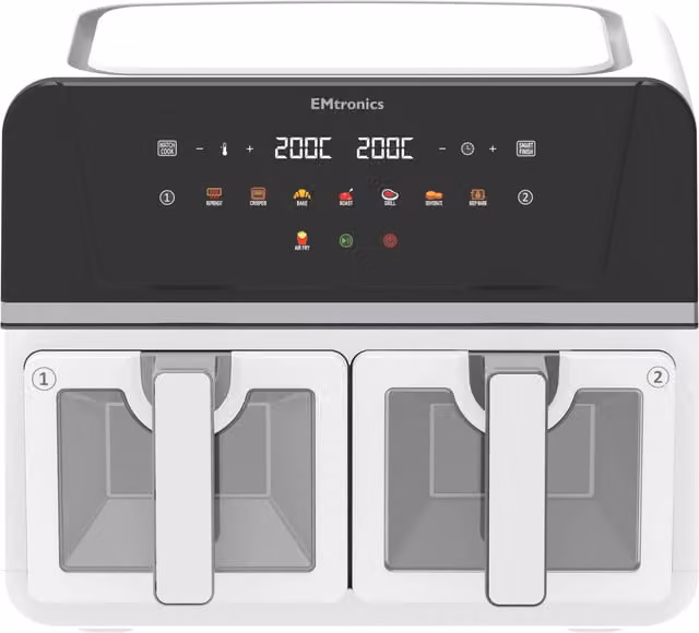 EMtronics 9 Litre Dual Zone Double Basket Air Fryer with Windows, White