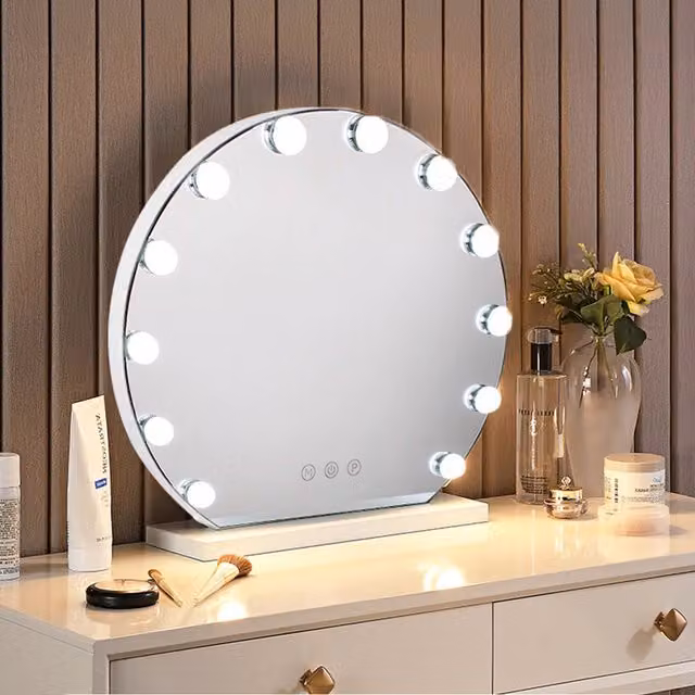 Livingandhome Adjustable Round Hollywood Tabletop Makeup Mirror in White