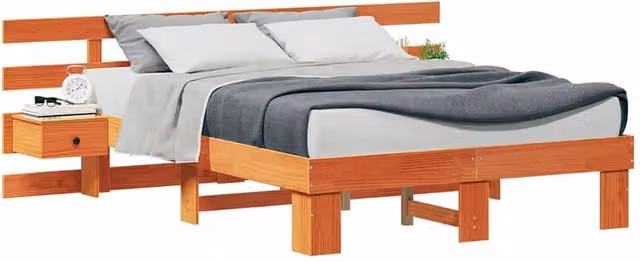 Berkfield Home Modern Brown Solid Pine Wood Bed Frame and Nightstand W/D/H: 135 x 190 cm