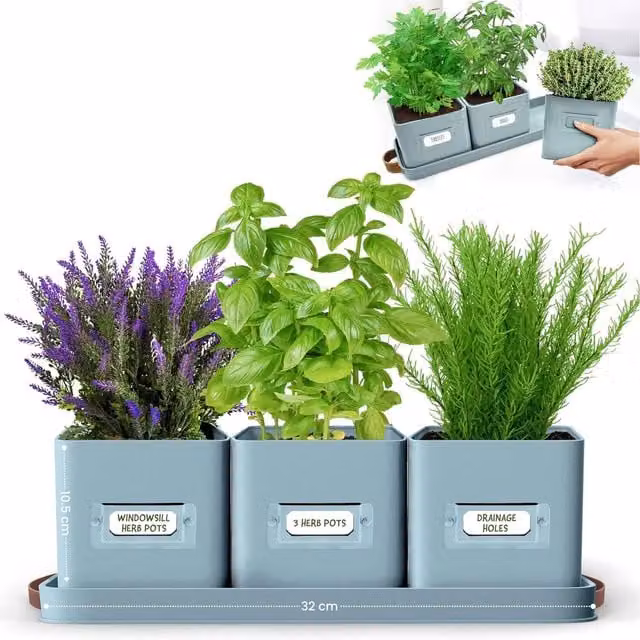 Green Thumbz Set of 3 Blue Steel Window Herb Pot Planters for Indoor and Outdoor Use