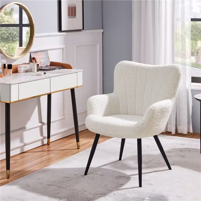 Yaheetech Mid-Century Modern White Bouclé Fabric Upholstered Tub Armchair