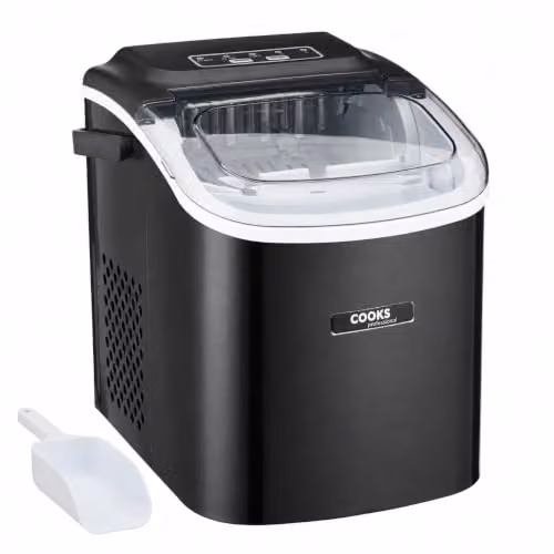 Cooks Professional Black Countertop Ice Maker Machine with Scoop, 12kg Capacity and 1.3L Water Tank