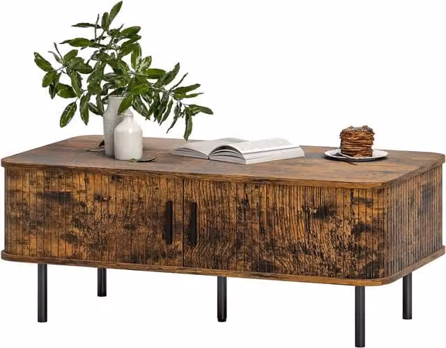 Furnold Industrial Rustic Rectangular Coffee Table with Sliding Drawer Storage in Brown