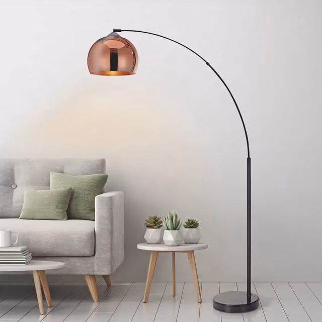 Teamson Home Modern Curved Arc Floor Lamp with Bell Shade and Marble Base in Gold and Black