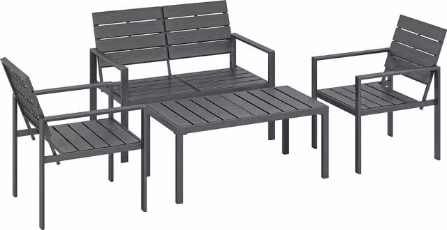Outsunny 4 Piece Garden Furniture Set in Dark Grey with HDPE Slatted Loveseat, Armchairs, Coffee Table and Cushions