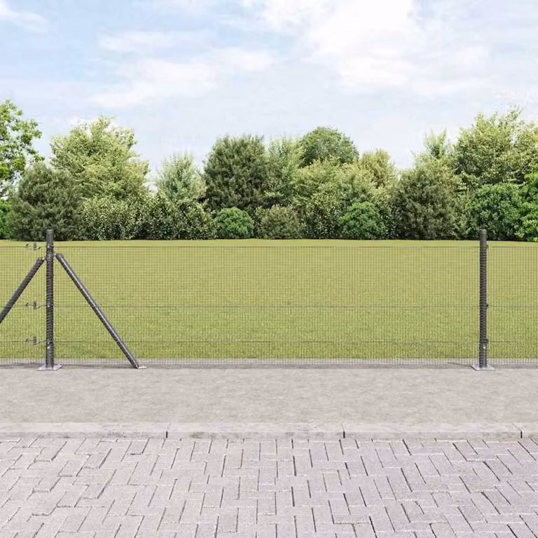 Berkfield Home Set of 2 Grey Powder-Coated Steel Round Mesh Fence Posts