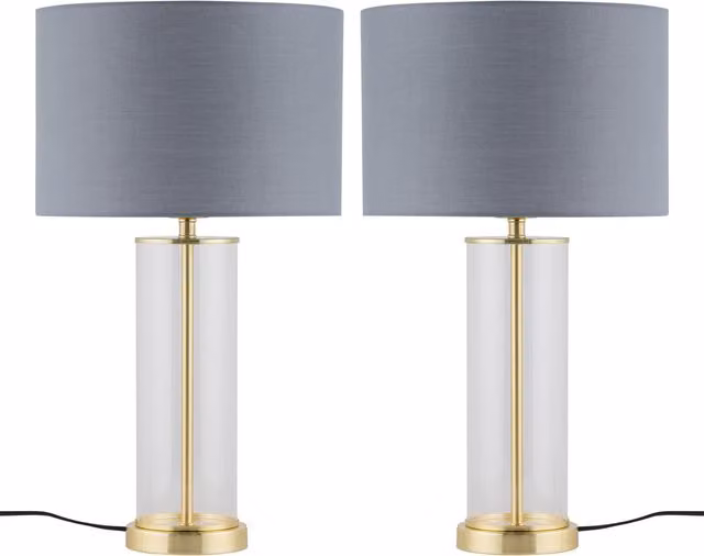 First Choice Lighting Set of 2 Aura Table Lamps in Satin Brass with Grey Fabric Shades