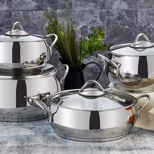 Evimsaray Sevval Series 8-Piece Stainless Steel and Glass Cookware Set, Silver