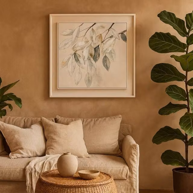 Wyld Haus Gacilly Scandi Downward Leaf Framed Canvas Painting in Beige, Green and Brown, W/H: 100 x 100 cm