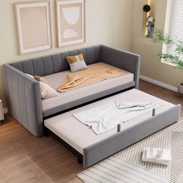 Rolipo Grey Velvet 3FT Single Daybed with Pull Out Trundle, W: 90 cm, L: 190 cm