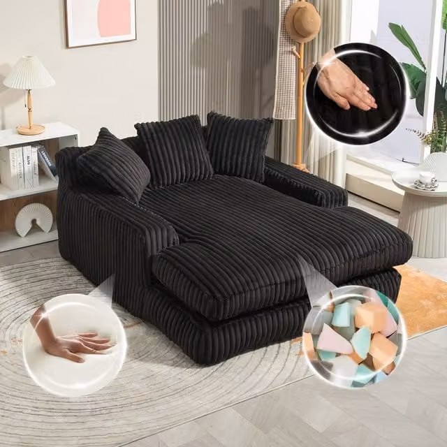 Gomyway Matteo Black Left Facing L-Shape Corduroy Chaise Lounge Sofa Bed with Sleeping Function and Scatter Cushions