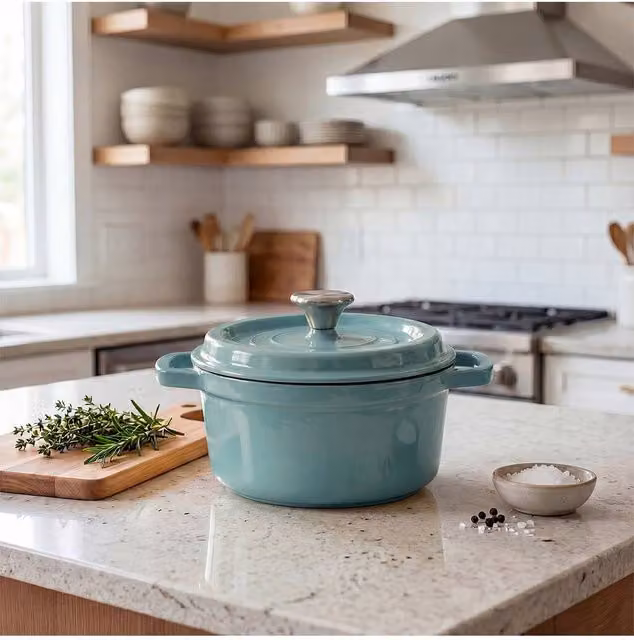 Living and Home Enamelled Cast Iron Dutch Oven Casserole Pot with Glass Lid, Green, 6 l