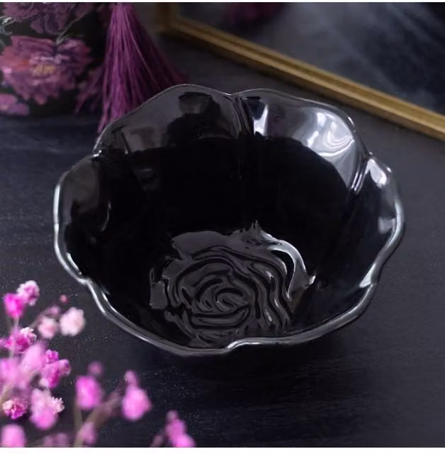 KDMD Black Rose Ceramic Trinket Dish and Floral Tabletop Plate