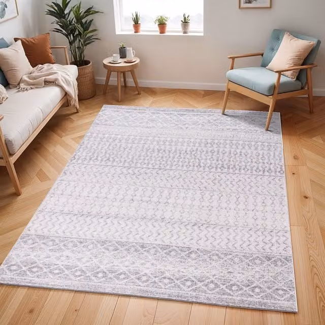 Livabliss Elaziz Geometric Machine Woven Rug in Grey, White and Beige, W: 80 cm, L: 230 cm