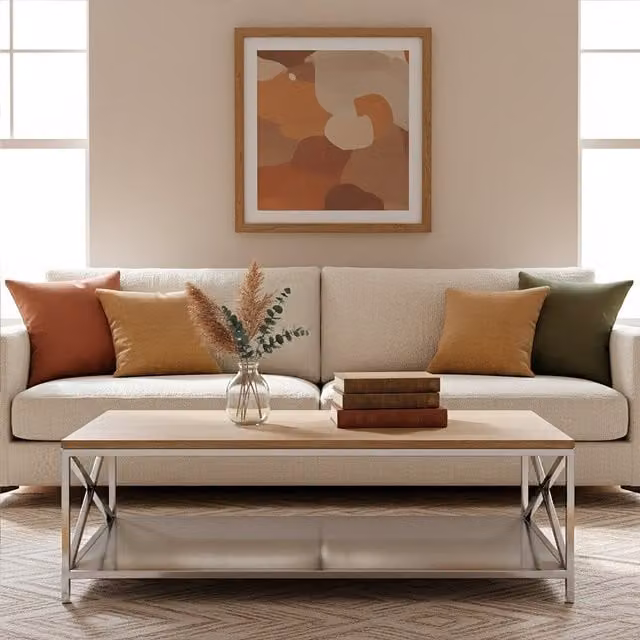 Orsina Modern Rectangular Oak Wood Coffee Table with Silver Metal X-Frame, W/D/H: 120 x 40 x 70 cm