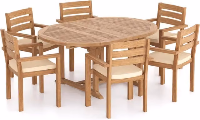 Eterna Extendable Round Teak Garden Dining Set with 6 Chairs and Beige Cushions, W/D/H: 120 x 120 x 75 cm