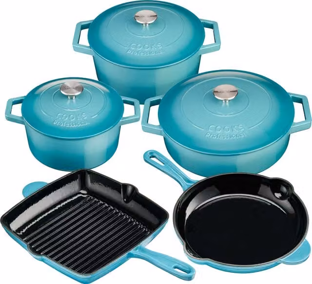 Cooks Professional 5 Piece Enamelled Cast Iron Casserole Dish and Frying Pan Set in Petrol