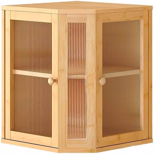 Kelvenix 2-Tier Brown Bamboo and Acrylic Corner Bread Box for Kitchen Counters
