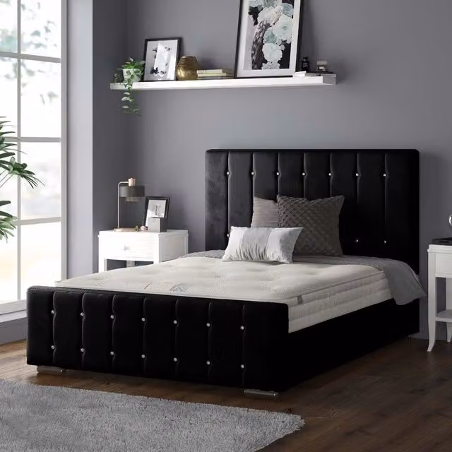 IH Design Anastasia Striped Plush Velvet Bed Frame with Diamonds in Black, Superking, 200 x 200 cm