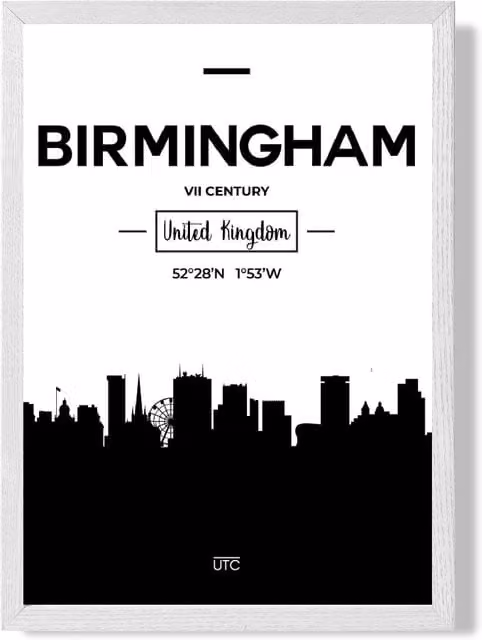 ARTZE Birmingham Black and White City Skyline Framed Print with White Frame, A2