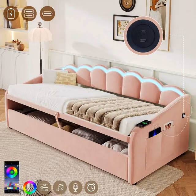 Merax Pink Velvet Single Daybed with Lift-Up Storage, LED Lighting and USB Charging Station, W/D/H: 90 x 190 x 220 cm