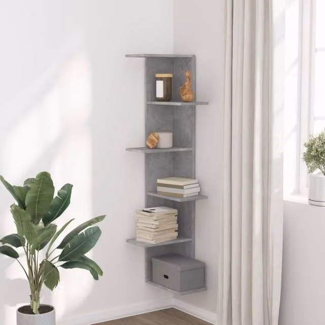Berkfield Home Wall Mounted Corner Shelf in Concrete Grey, W/D/H: 36.5 x 36.5 x 140 cm