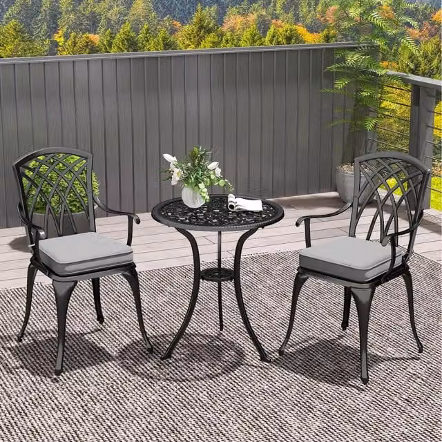 Outsunny 3 Piece Cast Aluminium Garden Bistro Set in Matt Black