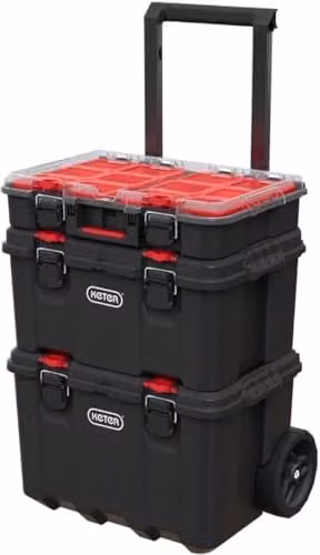 Keter Stack n' Roll Modular DIY Tool Storage System Cart with Wheels, Black and Transparent, Stackable and Lockable