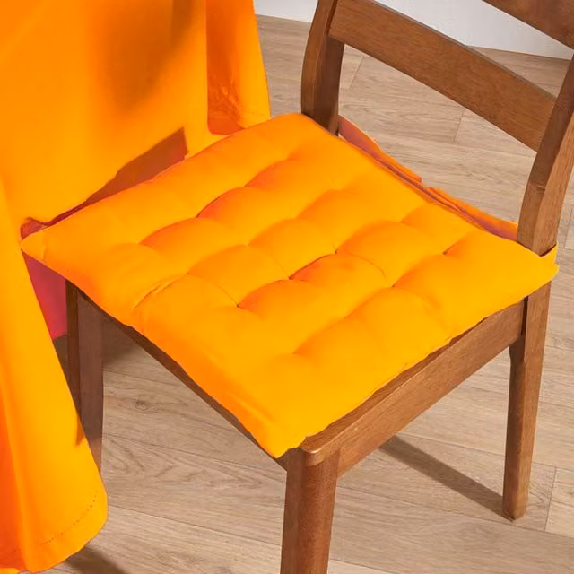 Homescapes Solid Orange Cotton Square Seat Pad with Button Straps