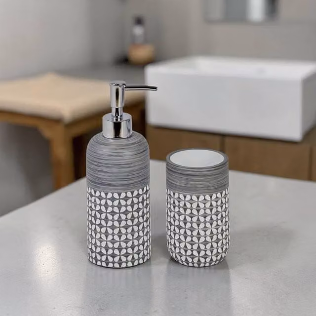 Showerdrape Ravello Bathroom Accessory Set with Soap Dispenser and Tumbler in Grey and White