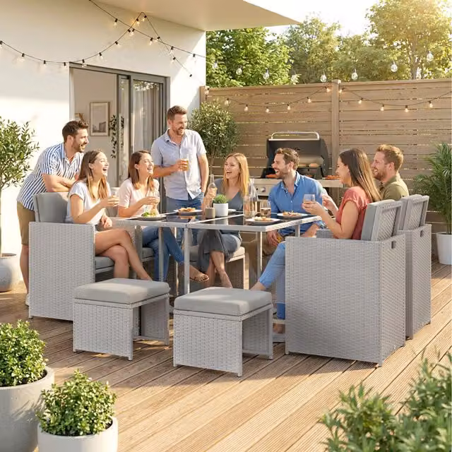 Outsunny 9-Piece Rattan Garden Furniture Set with Glass Top Dining Table in Grey