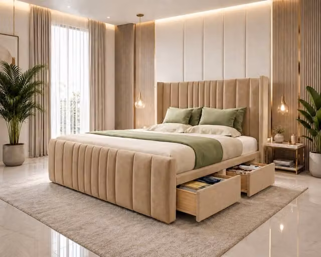K Mehmood Enterprise Ltd Premium Orthopaedic Divan Bed Set with Drawers and Headboard in Beige Velvet