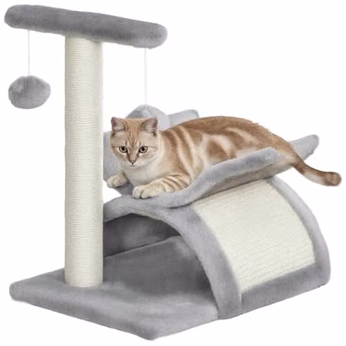 PawHut Grey Cat Tree with Rotatable Top Bar, Sisal Scratching Post, Tunnel and Integrated Toys