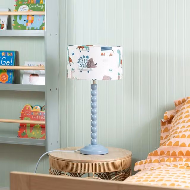 Blue Bobbin Stem Table Lamp with Cartoon Dino Drum Shade in Powder Blue and Wood